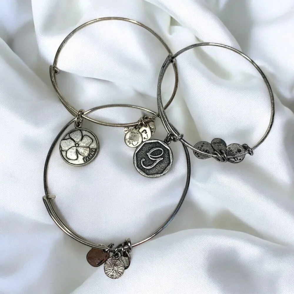 Alex and Ani Silver Charm Bangle Bundle Trio Friend Initial G Heart Adjustable